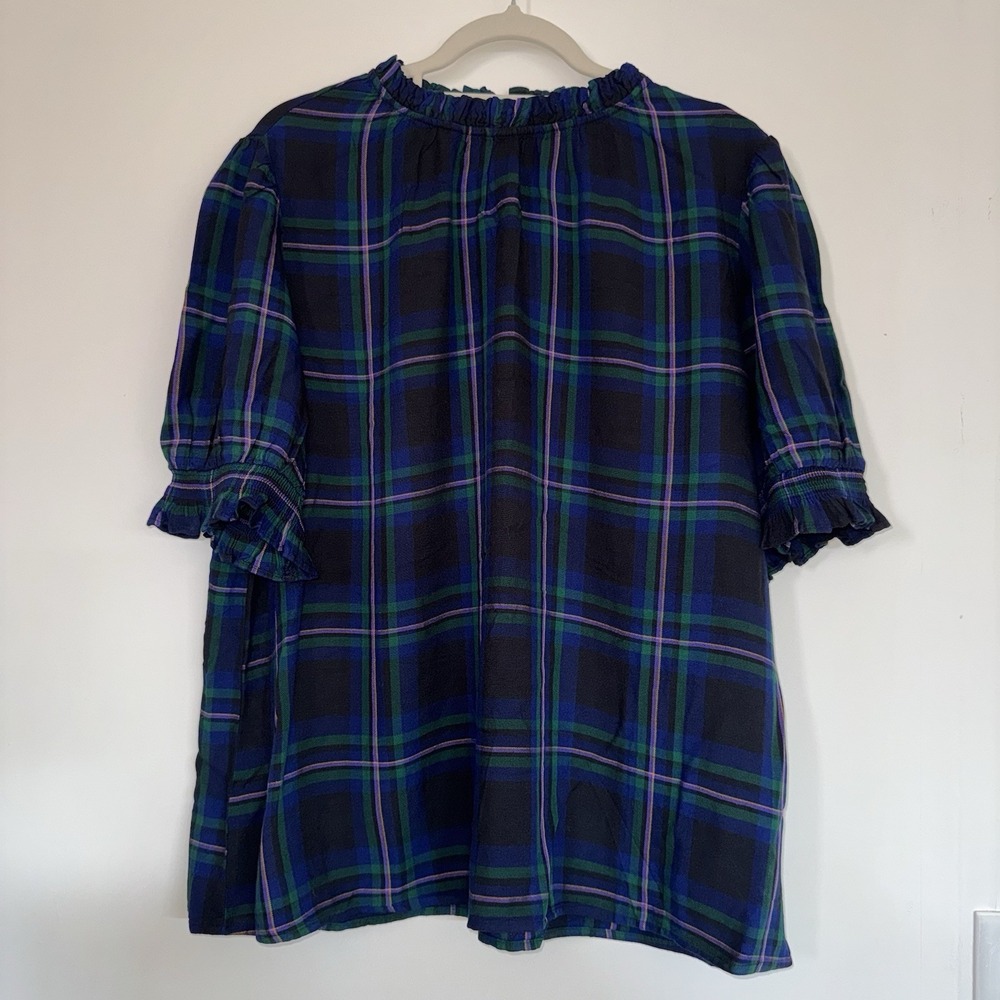 Amazon Essentials Women's XL Fluid Twill Short Puff Sleeves Shirt Tartan Plaid